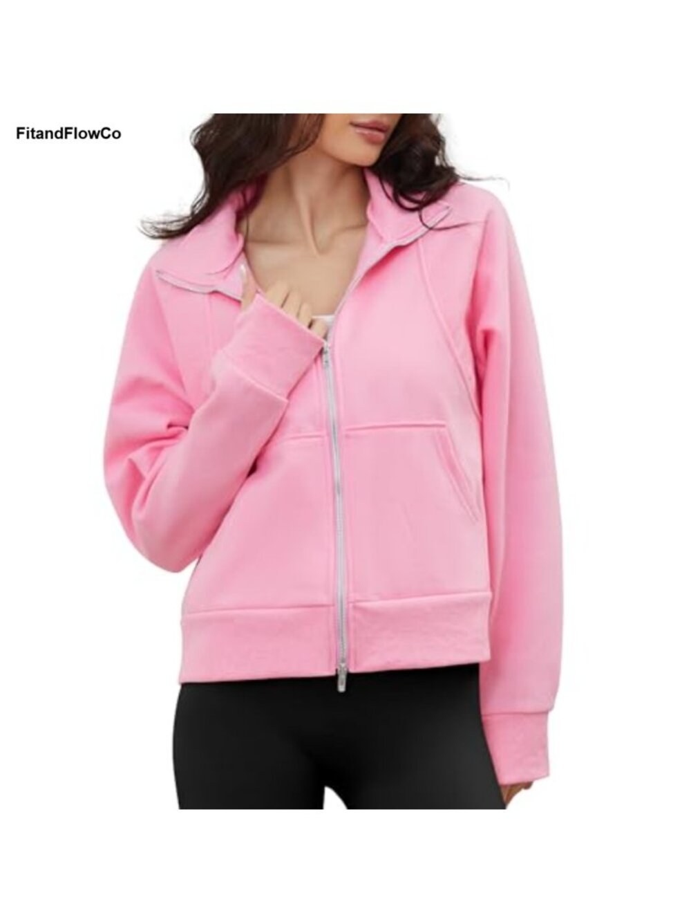 Women's Fleece Lined Zip Up Sweatshirt Thumbholes Stand Collar Casual